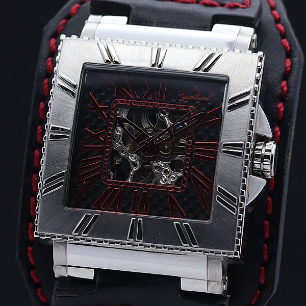 1円 稼働 良品 ガルーチ AT/自動巻 黒×スケルトン文字盤 スクエア 裏スケ