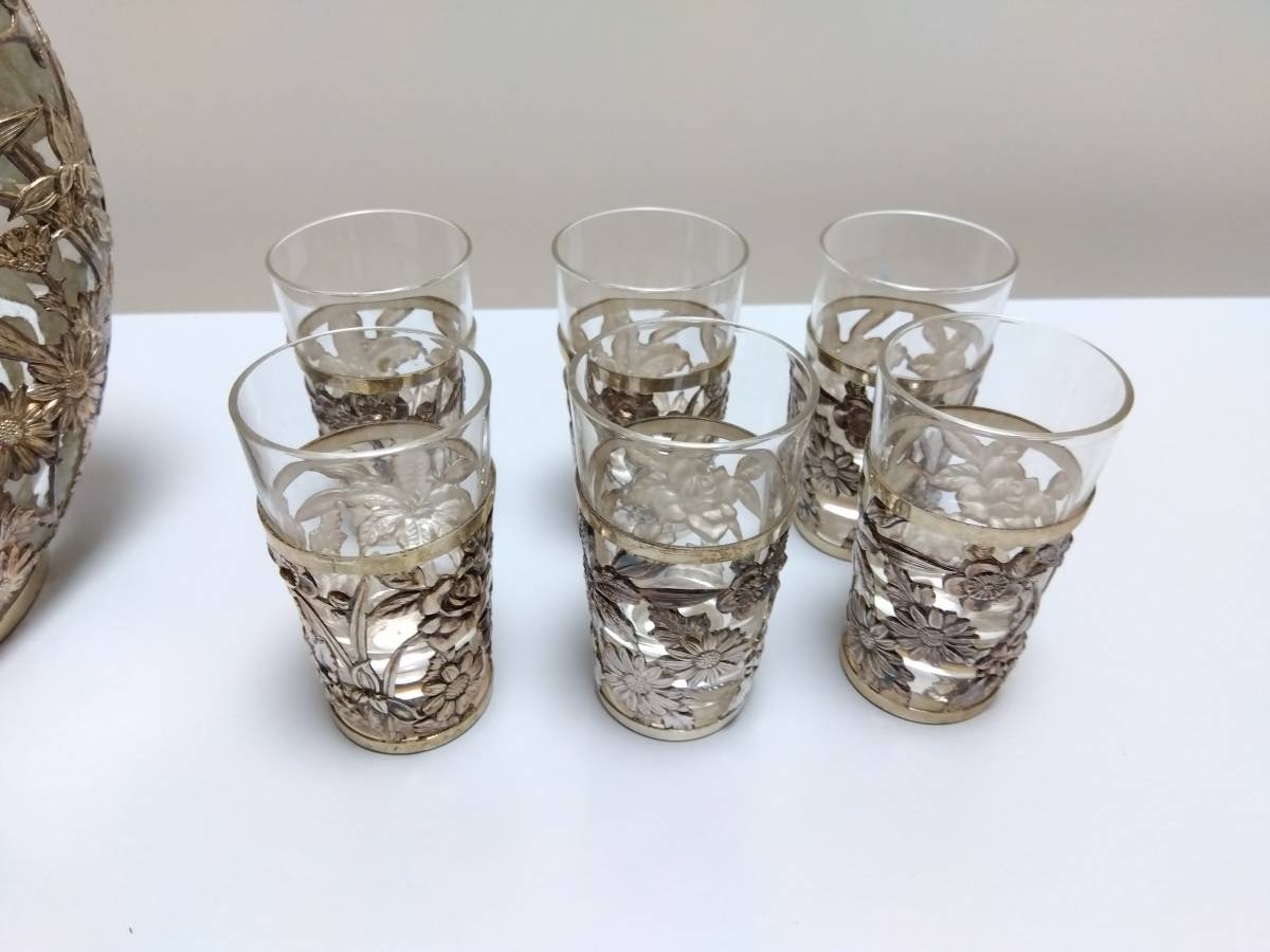 ⭕⭕⭕KI4/47 銀製 花透 銀被せ硝子 酒器 金工花彫 デキャンタ 