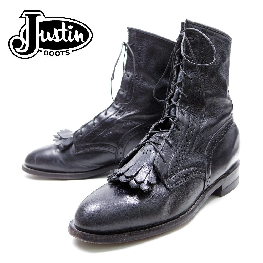USA製　23.5cm相当　Justin　ジャスティン　編み上げウエスタンブーツ　レザーシューズ　革靴　本革　希少　ブラック　70s　70年代　/U7402