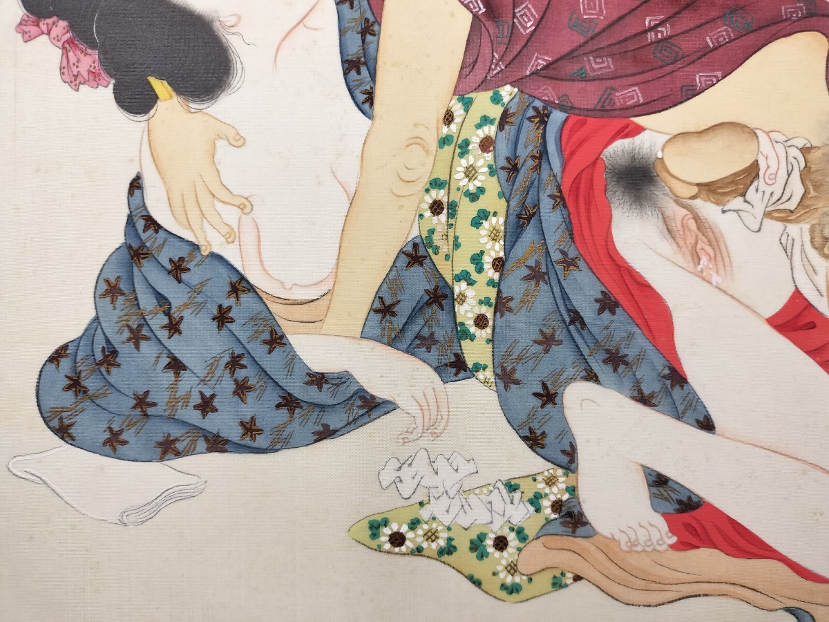 4 稀少肉筆春画「美人図」真作 掛軸 絹本 大判 美人画 錦絵 浮世絵 和