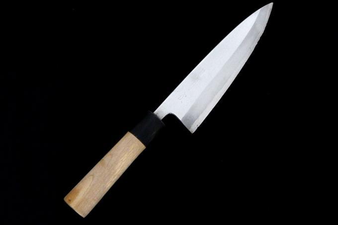 美品｜有次 特製 出刃包丁 六寸半 霞 白鋼 水牛朴柄 λA3093-2L1A 美品