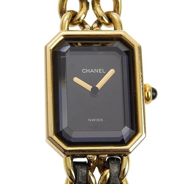 1円 gg CHANEL シャネル プルミエールM レディース クォーツ 腕時計 黒文字盤 シャネル プルミエール レディース YGP カットガラス GP&frasl;革