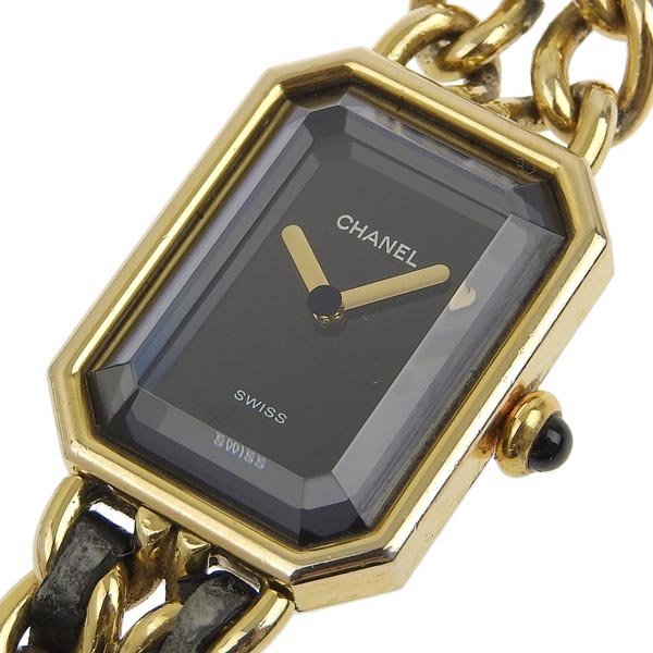 1円 gg CHANEL シャネル プルミエールM レディース クォーツ 腕時計 黒文字盤 シャネル プルミエール レディース YGP カットガラス GP&frasl;革