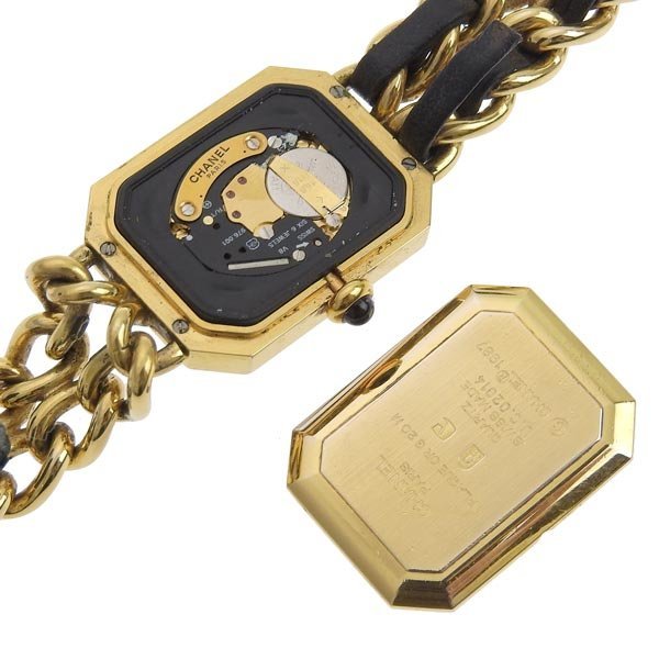 1円 gg CHANEL シャネル プルミエールM レディース クォーツ 腕時計 黒文字盤 シャネル プルミエール レディース YGP カットガラス GP&frasl;革