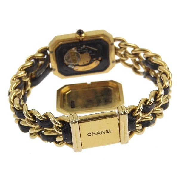1円 gg CHANEL シャネル プルミエールM レディース クォーツ 腕時計 黒文字盤 シャネル プルミエール レディース YGP カットガラス GP&frasl;革