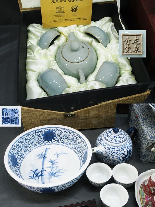 3722 中国関連品 まとめて/中国宜興 景徳鎮 青瓷 青磁 茶器揃 茶