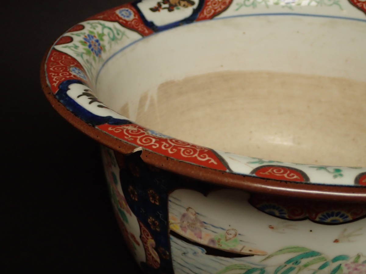BA-159 古伊万里 色錦 風景図 色絵 植木鉢 盆栽鉢 化粧鉢 蘭鉢
