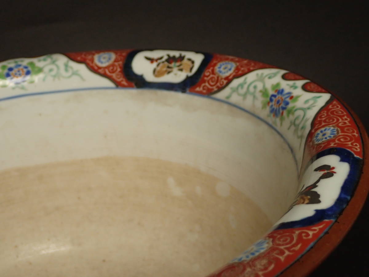 BA-159 古伊万里 色錦 風景図 色絵 植木鉢 盆栽鉢 化粧鉢 蘭鉢