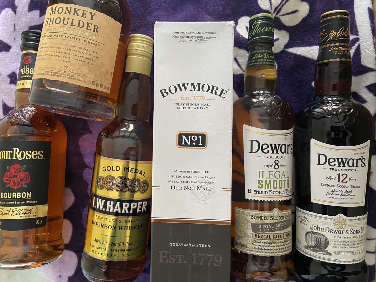 洋酒ウイスキーセット ボウモア No1 デュワーズ モンキーショルダー フォワローゼズブラック IWハーバー 6本セット 未開封品