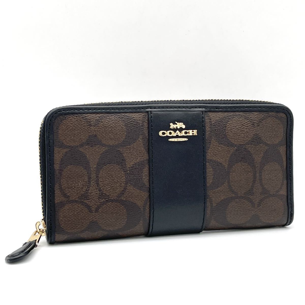 1円 美品 COACH コーチ シグネチャー ラウンドファスナー長財布 ブラウン ブラック レディース メンズ F54630
