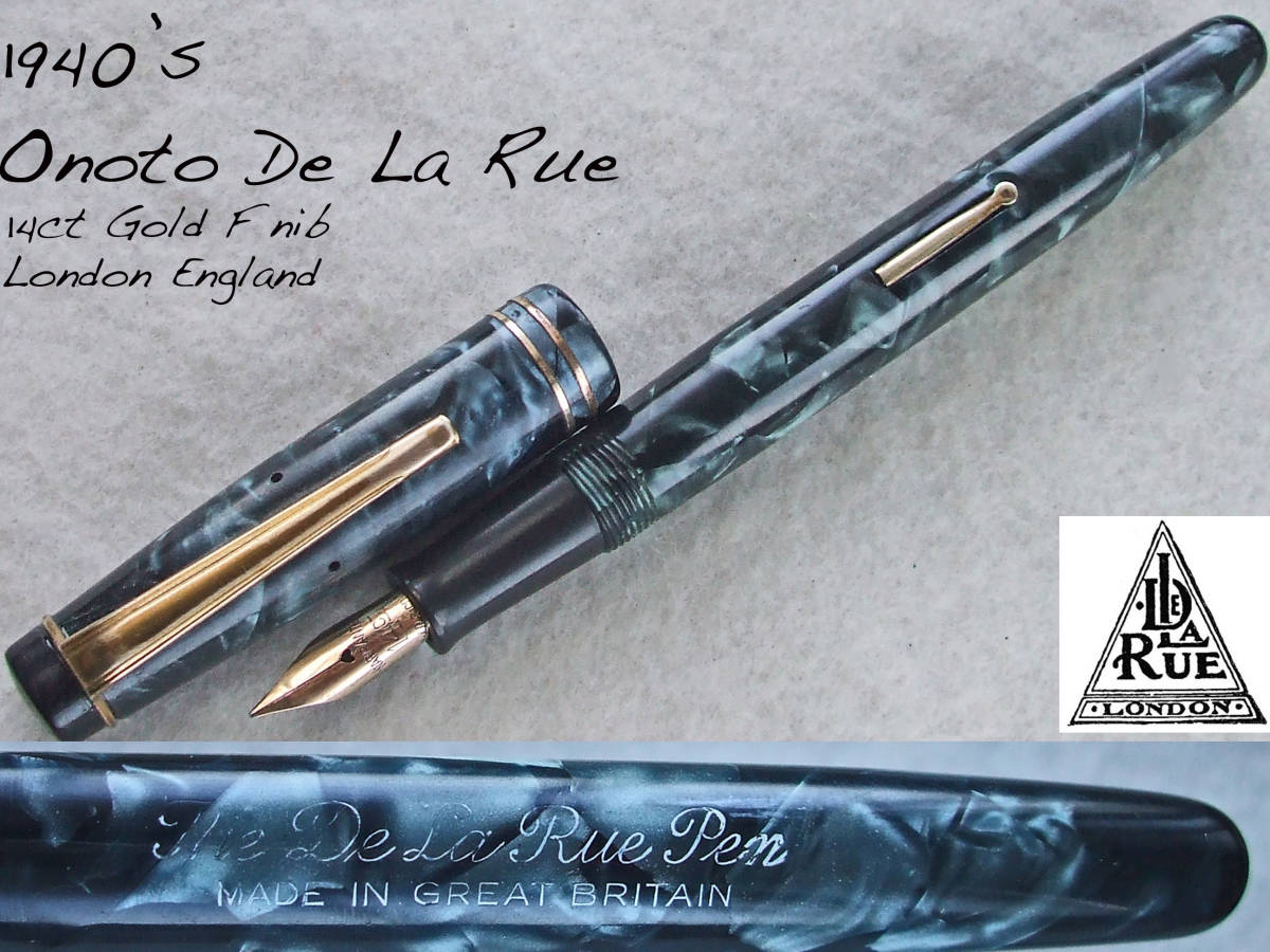 ◆稀少◆ 1940年代製 オノト・デラル万年筆 青 14金F ロンドン ◆1940’s Onoto de la Rue Blue Marbled 14 ct F nib London◆