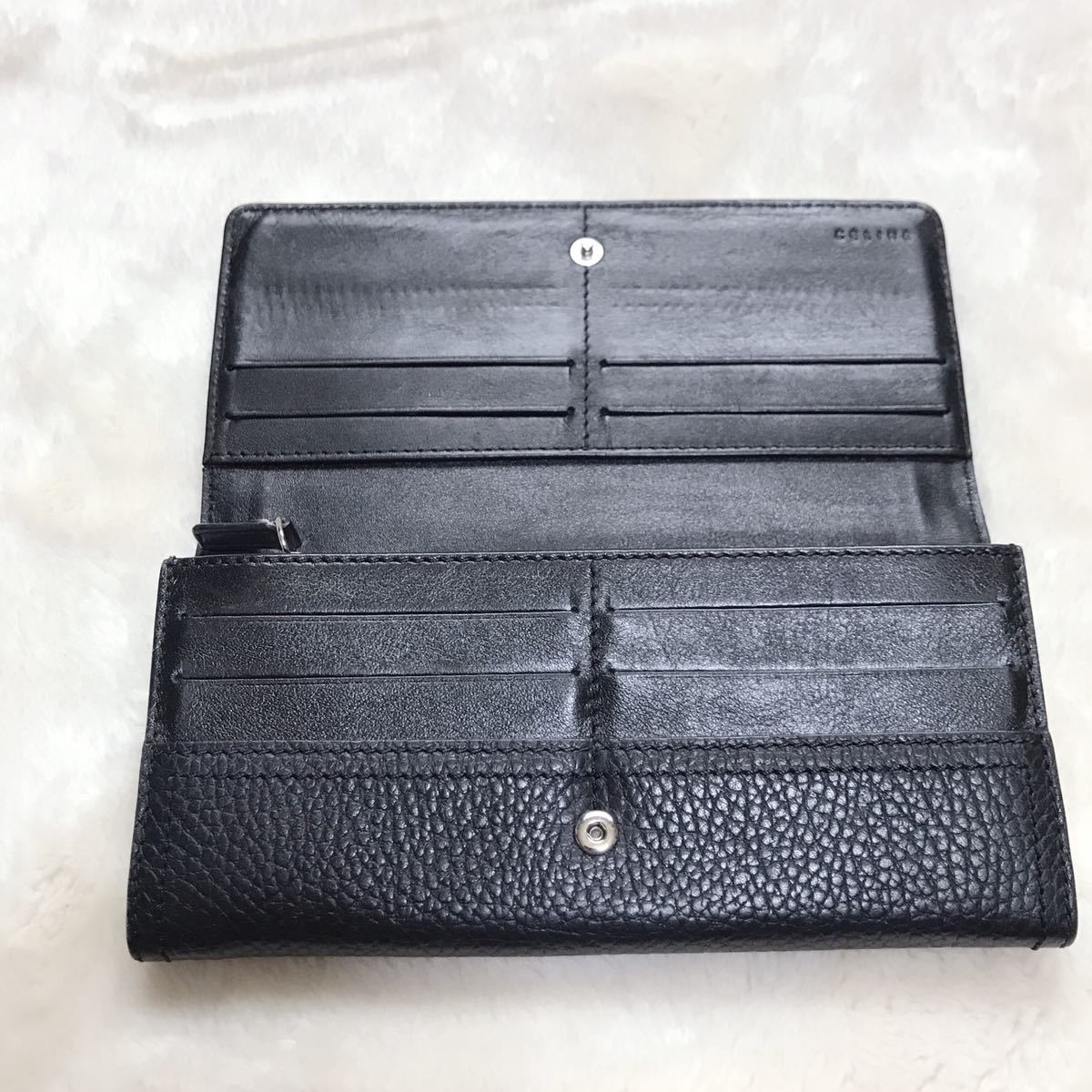 美品 CELINE セリーヌ ロゴプレート シボ革 長財布 ブラック 
