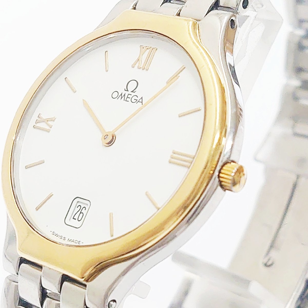 1円スタート】OMEGA オメガ シンボル コンビ ホワイト文字盤 クオーツ