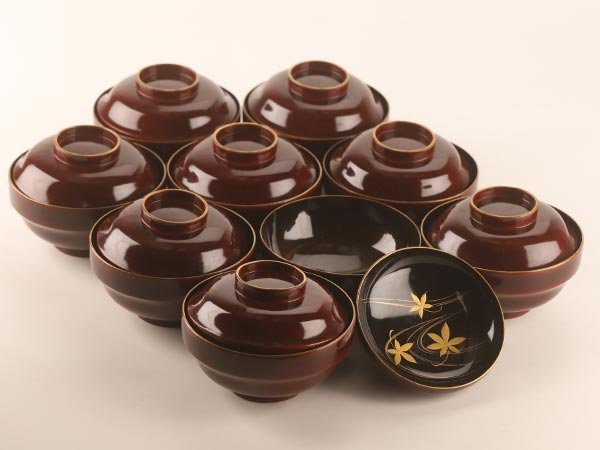 ☆輪島塗 吸物椀 【流】木製漆器 溜塗 見返り蒔絵吸物椀九客 TK393 10