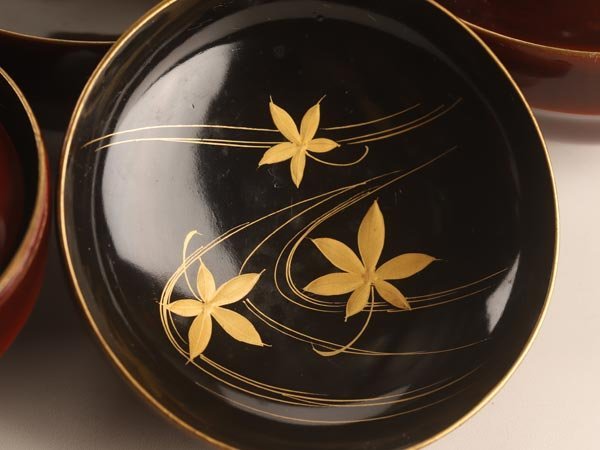 流】木製漆器 溜塗 見返り蒔絵吸物椀九客 TK393