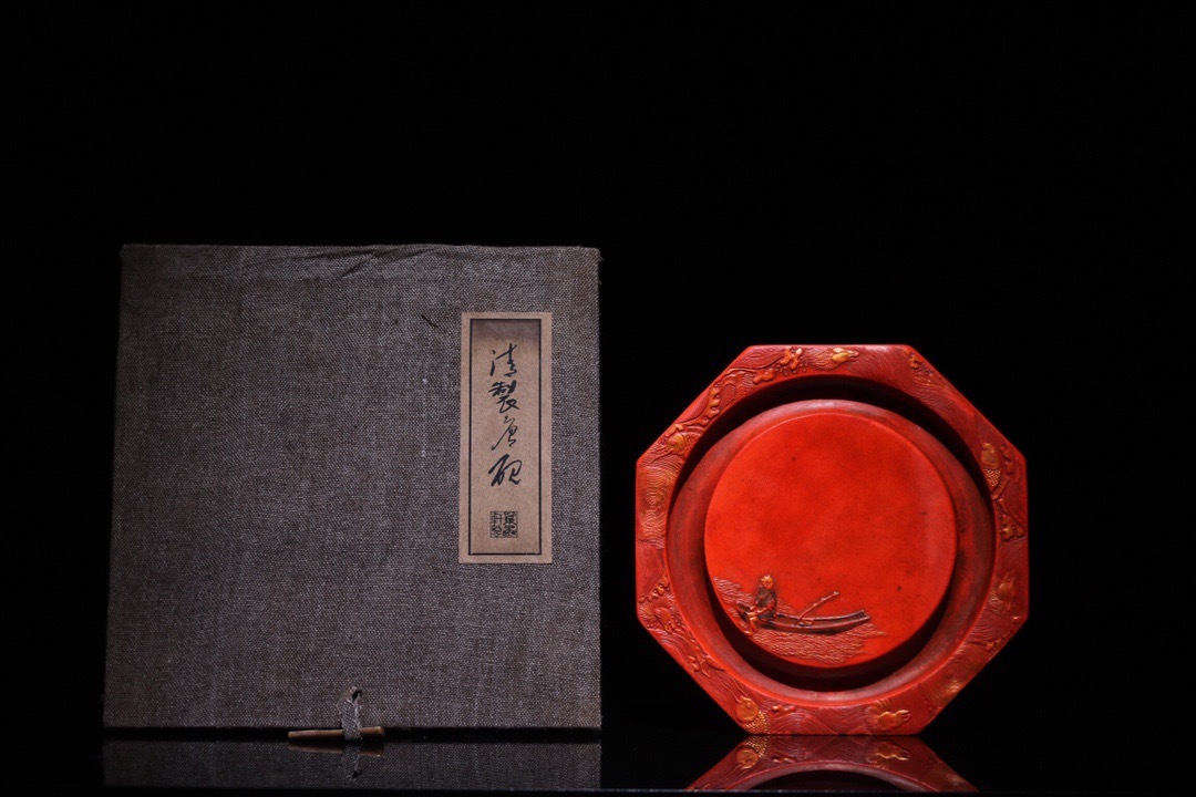 清］古朱砂墨彫 硯台 人物紋 觀象硯 極細工 骨董品 古