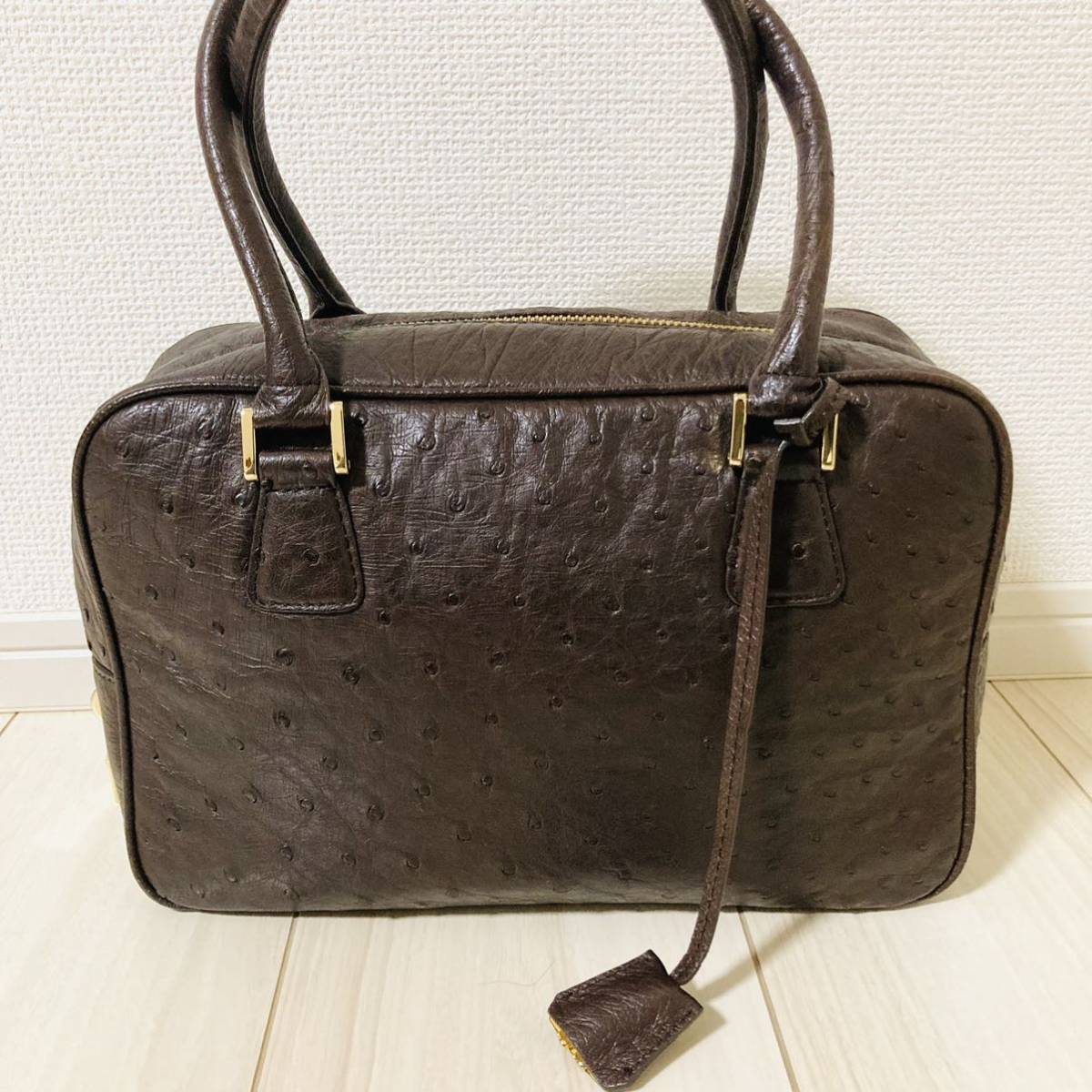 ★未使用品 オーストリッチ ダチョウ 駝鳥 ファルチニューヨーク Falchi カデナ 南京錠付き ハンドバッグ BR ダークブラウン 茶色 金金具