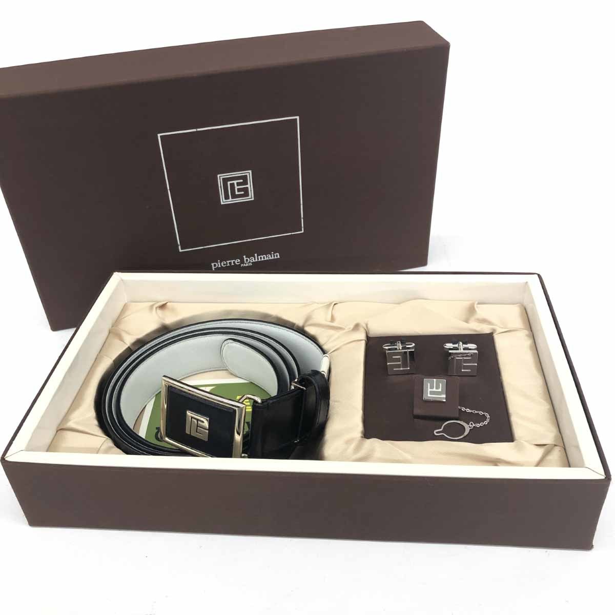 未使用品◆PIERRE BALMAIN ピエールバルマン ベルト&タイピン&カフスセット◆ シルバーカラー メンズ アクセサリー タイタックピン