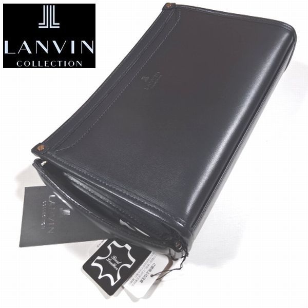 新品 ランバン コレクション 定2.64万 日本製 ロゴ 本牛革 オールレザー ハンド バッグ セカンド 紺 LANVIN COLLECTION メンズ 男性 紳士用