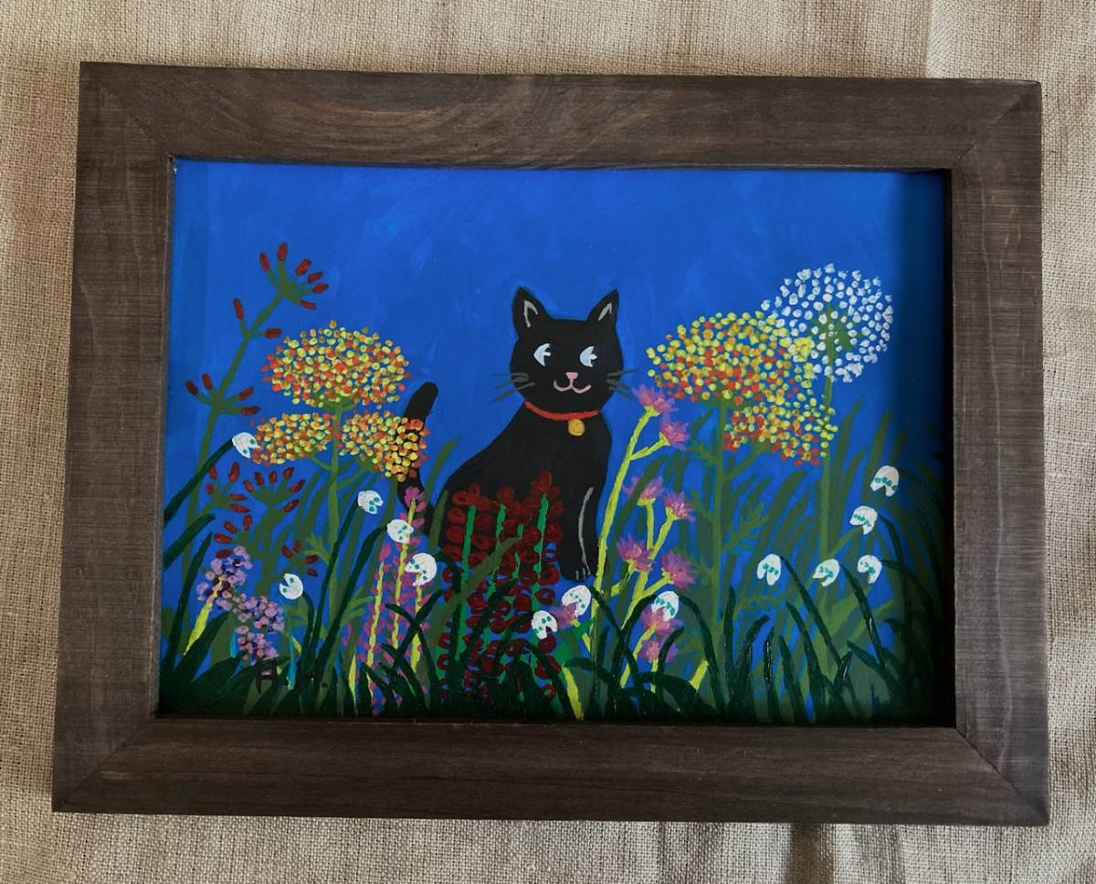 フラワーガーデン・黒猫のイラスト☆直筆 手書き アクリル画 ネコの絵 