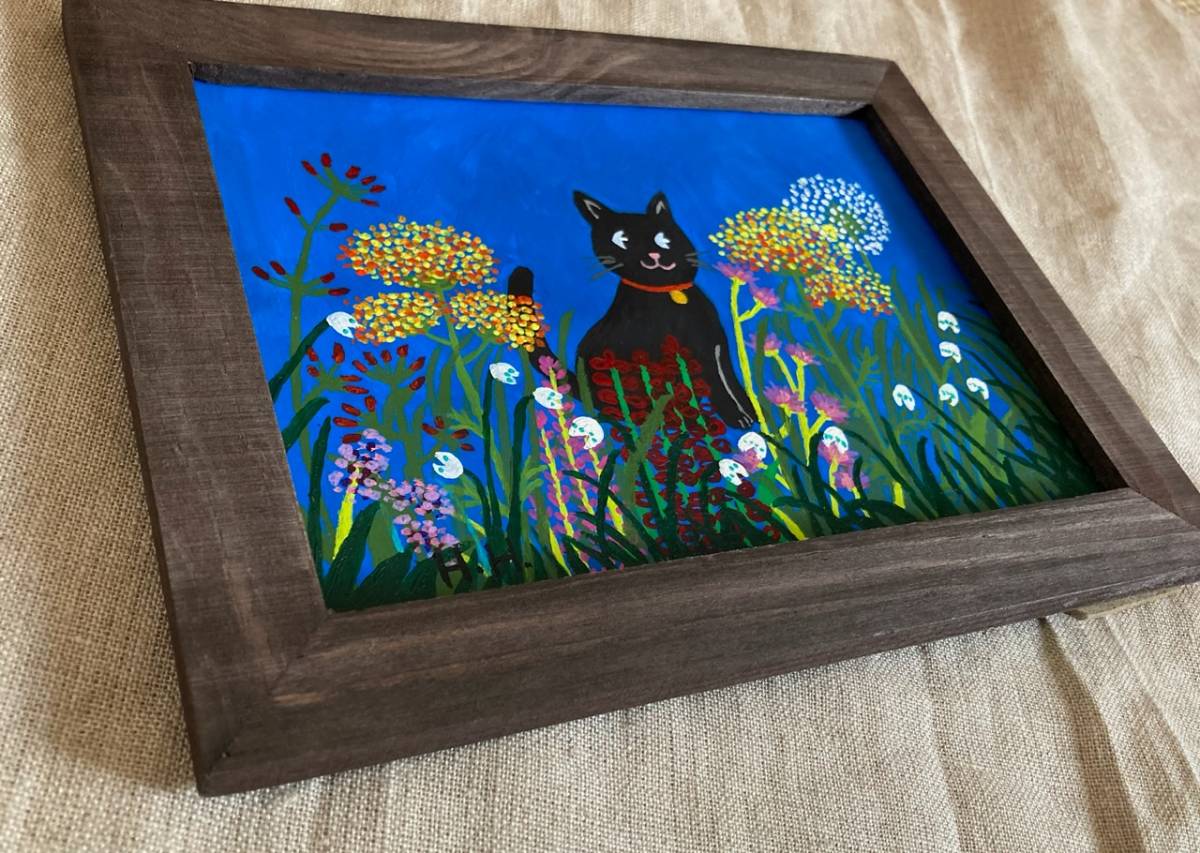 フラワーガーデン・黒猫のイラスト☆直筆 手書き アクリル画 ネコの絵 