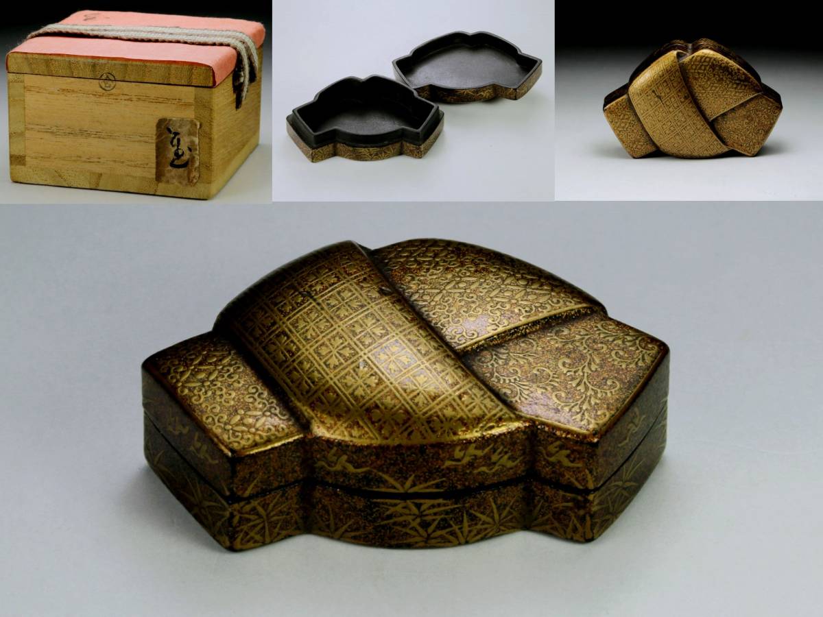 時代 梨地 結文香合 花唐草 七宝つなぎ 鶴舞 蒔絵 時代箱 時代古作