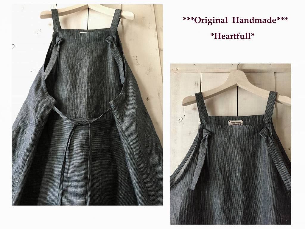 *H*ハンドメイド リネン100% ピンストライプ　ネイビー　でかポッケのエプロン風JSK