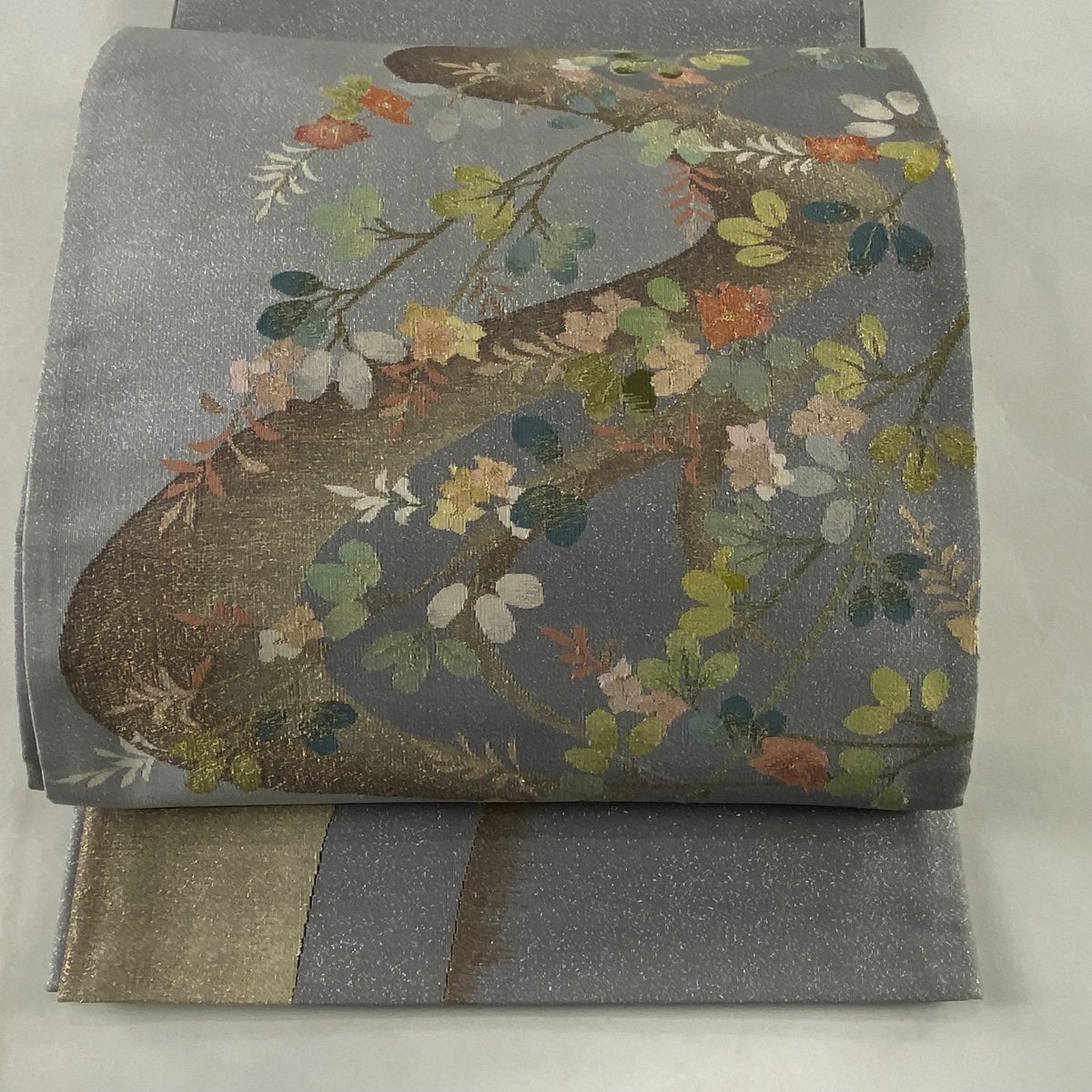袋帯 美品 名品 枝花 金銀糸 灰紫 お太鼓柄 正絹 【中古】 袋帯 お太鼓