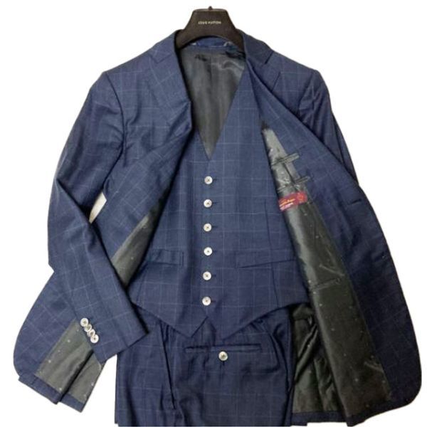 世界最高峰！！エルメネジルドゼニア「TROFEO」カシミヤブレンド 英国調３ピーススーツ ネイビー/ウィンドウペン柄 M相当 Q140