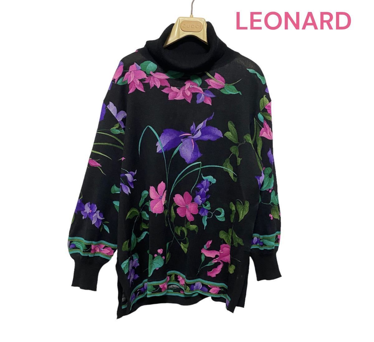 極美品LEONARDレオナール 花柄ウールタートルネックニット 黒 38 M