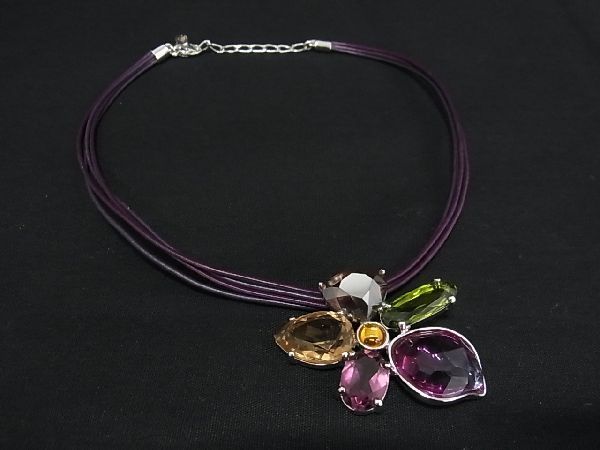 1円 ■美品■ SWAROVSKI スワロフスキー カラーストーン フラワー 花 ネックレス ペンダント アクセサリー パープル系 AJ9804アM