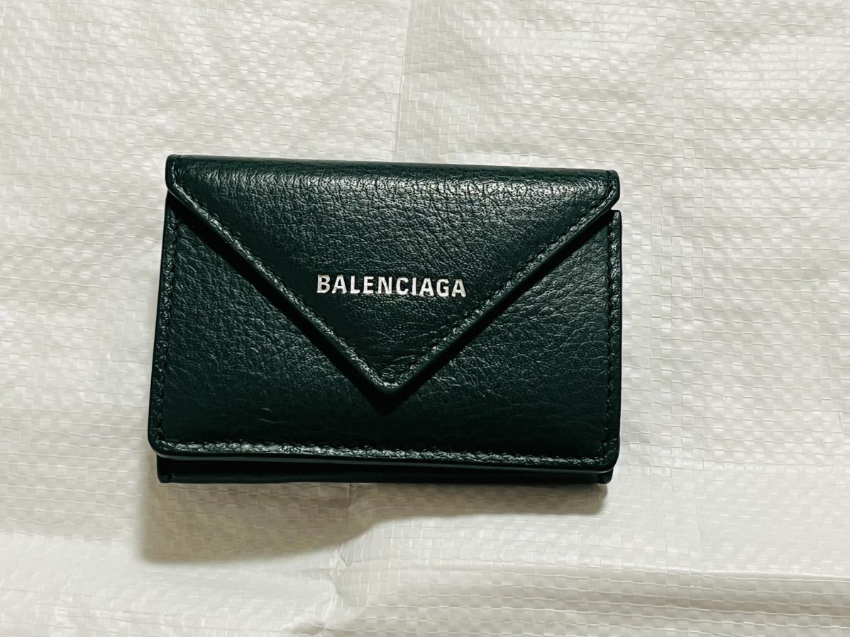 美品✳︎BALENCIAGA ミニ財布　ダークグレー　グリーン BALENCIAGA バレンシアガ ペーパーミニウォレット 三つ折り財布 ダーク
