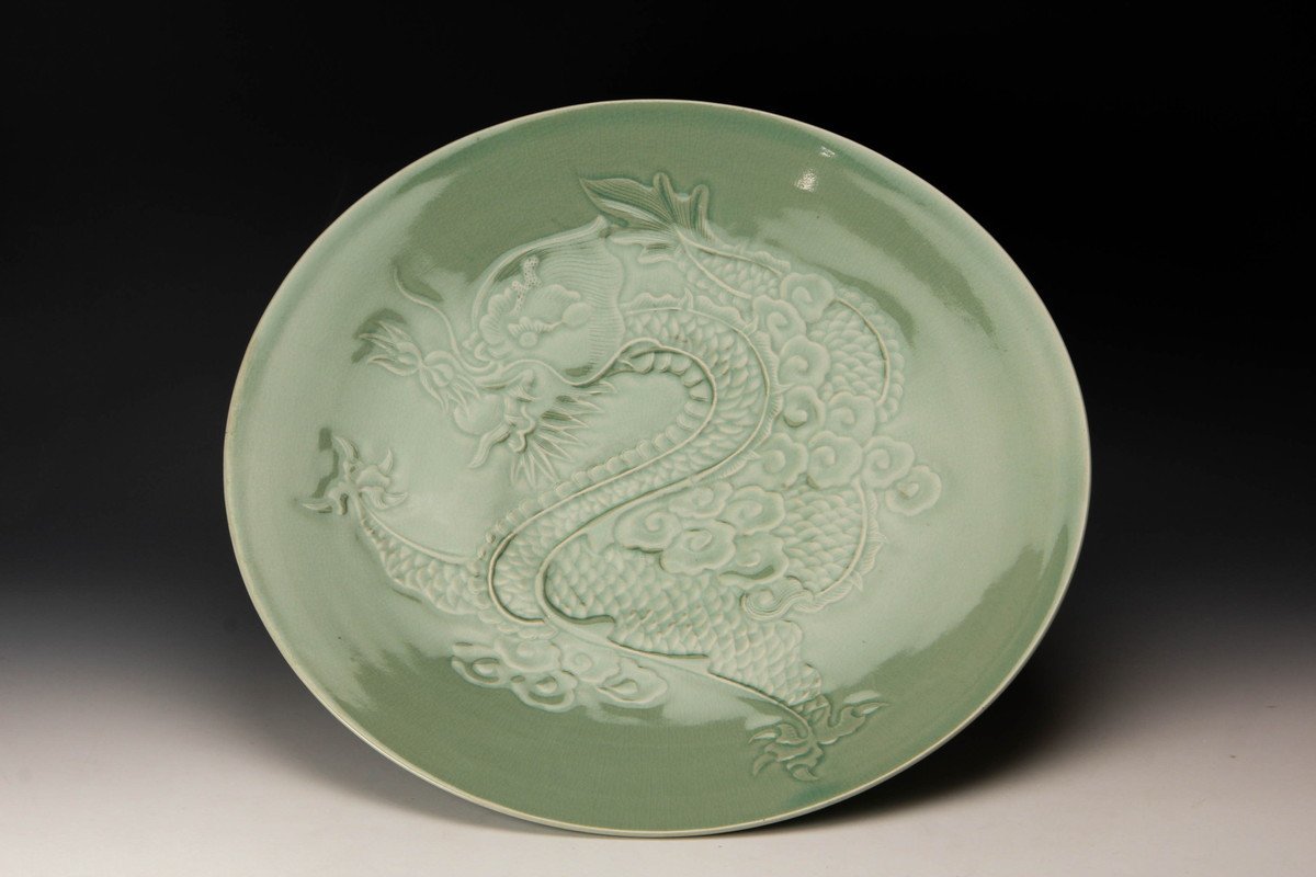 韓国人間国宝 申相浩 幅41.7cm 高麗青磁龍画大皿 木箱 本物保証