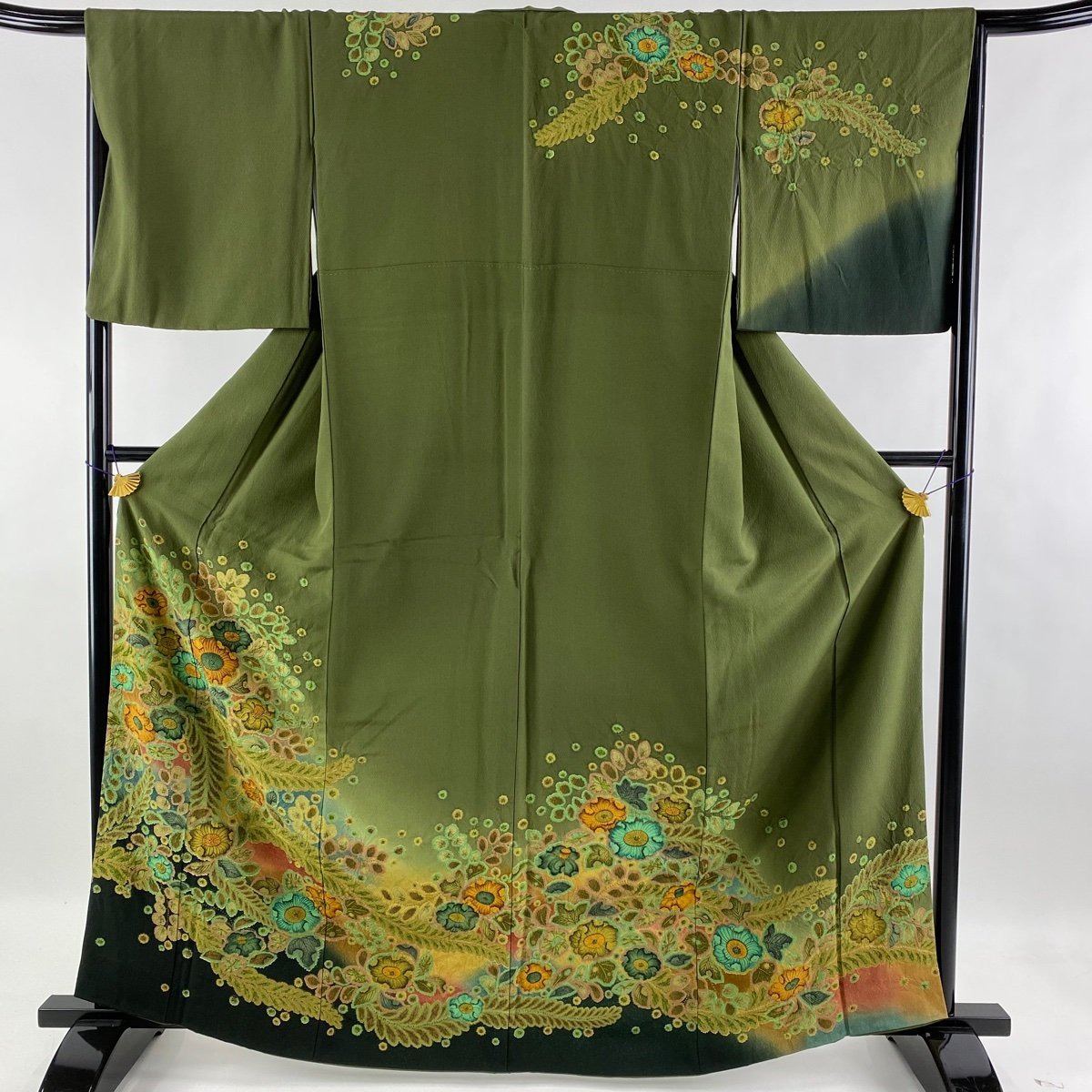 訪問着 美品 名品 辻が花柄 ぼかし 鶯色 袷 身丈164cm 裄丈67cm M 正絹 【中古】