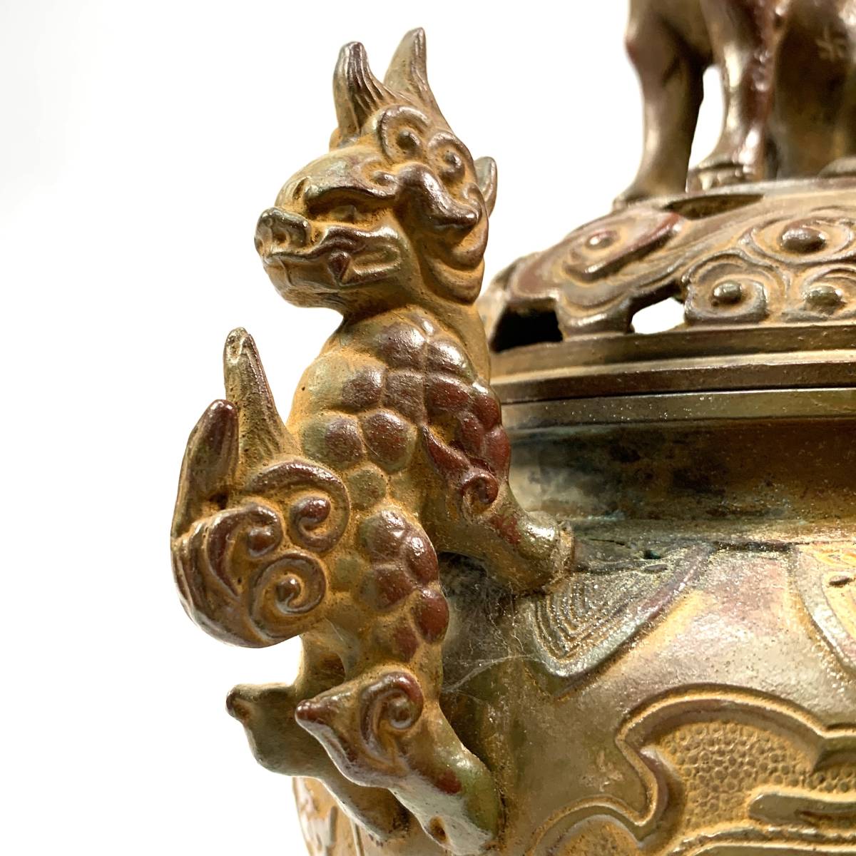 時代 勝重在銘 銅製 龍摘 獣足 香炉 - 董芸高岡銅器 名匠 晃真 作 銅製 