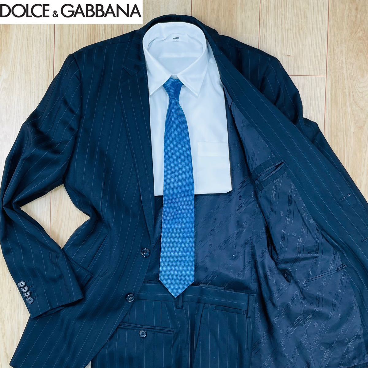 極美品!XL!!ドルチェ&ガッバーナ DOLCE&GABBANA セットアップスーツ 50 ストライプ ブラック 裏地総柄【王者の風格】超高級感 美シルエット
