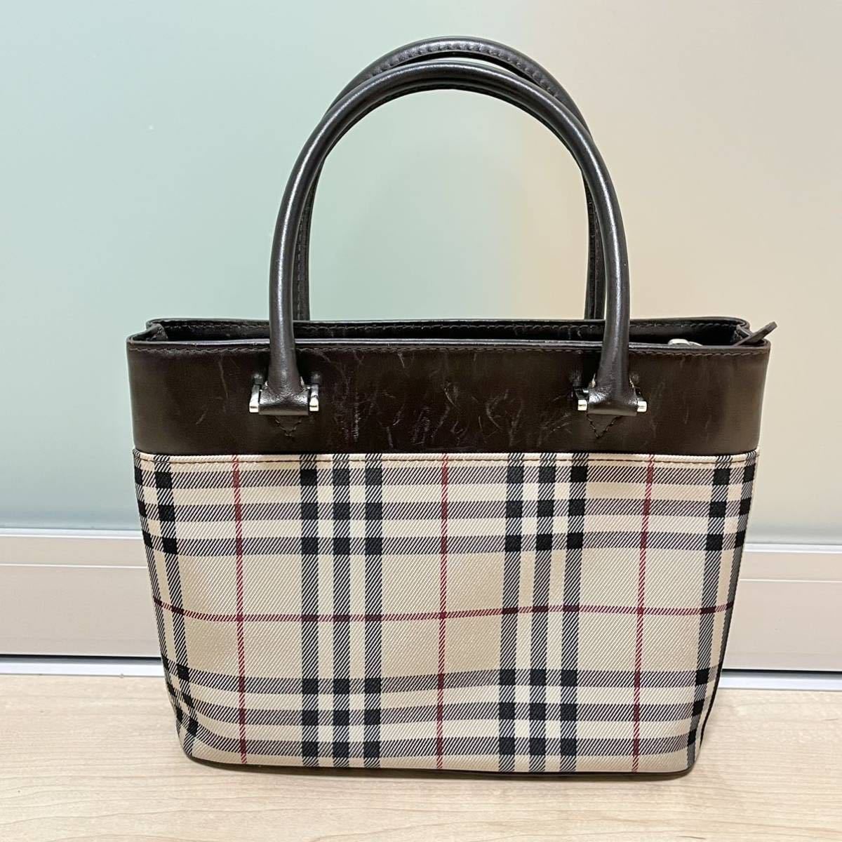 609 BURBERRY バーバリー チェック柄 ブラウンレザー ハンドバッグ