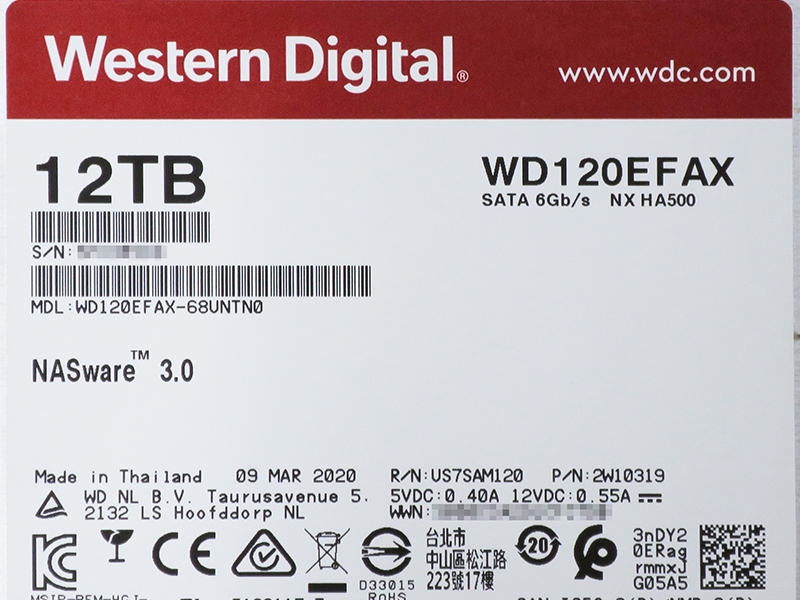 Western Digital 3.5inch ハードディスク HDD　12TB WD120EFAX 中古品