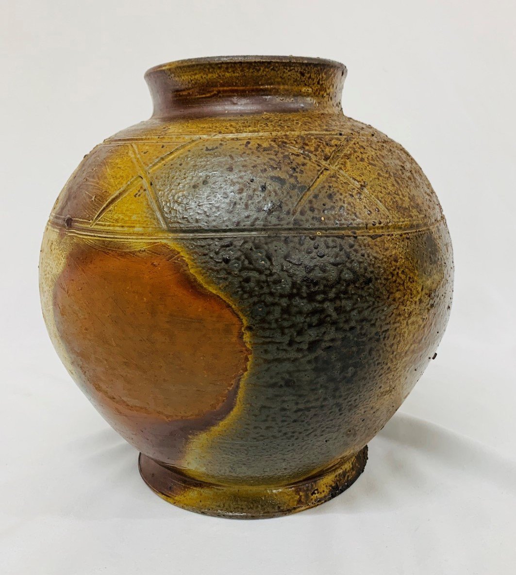 骨董　備前焼　壺　花入　花器　花瓶　飾り壺　オブジェ　木箱　在銘 骨董】備前 岸本昭彦 壺 花入 窯変 花生 共箱 花器 華道 飾壺