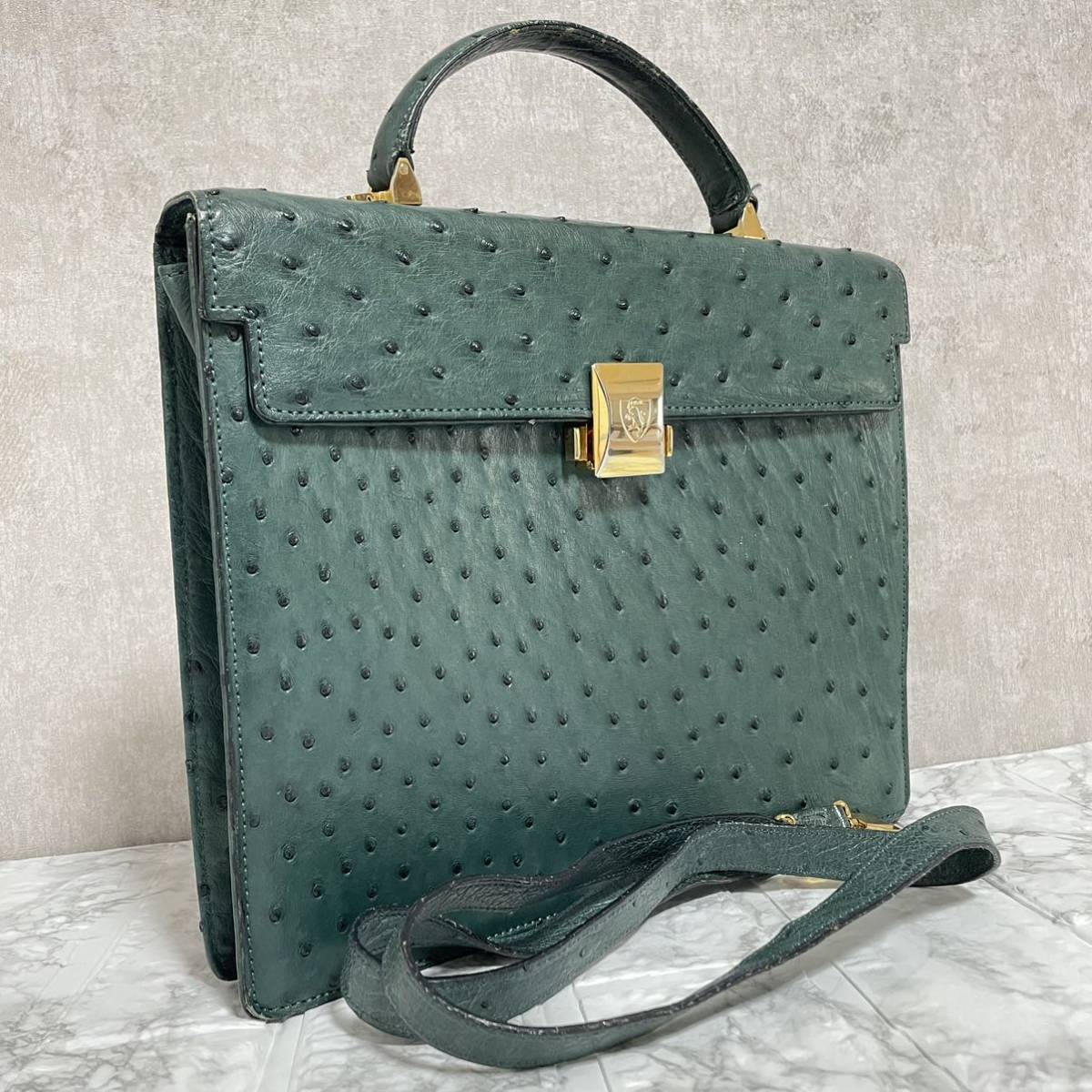 1円スタート 駝鳥　ダチョウ革　オーストリッチレザー　ゴールド金具　フルポイント　2way ハンドバッグ　ショルダーバッグ　グリーン　緑  オーストリッチ ダチョウ革 駝鳥革 レッド A4可 高級
