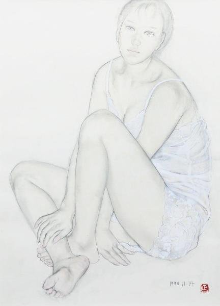 真作 WISH 石本正 裸婦 素描 素描 10号大 1990年作 共シール 東京美術