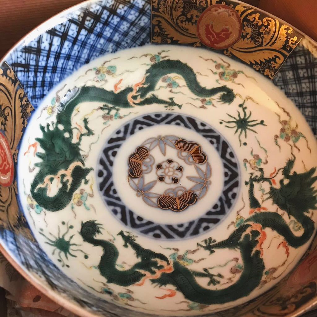 時代 古伊万里龍図金蘭手色絵鉢 木箱 合箱 / 時代物 伊万里 有田 錦 