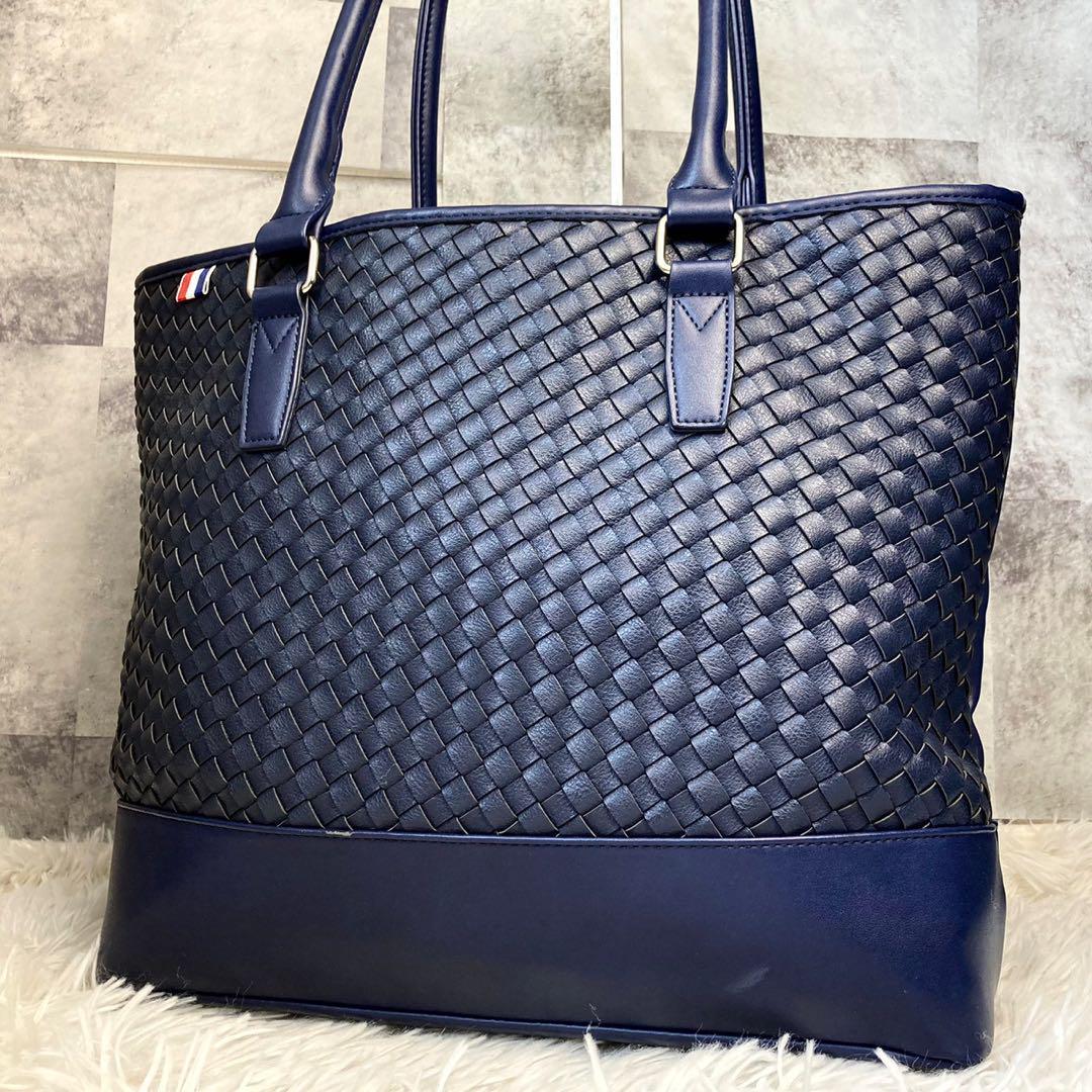 ビームス【圧巻のイントレチャート】BEAMSトートバッグ ビジネス 大容量 切替 オールレザー ブルー 青 A4 収納可能 通勤 通学 メンズ