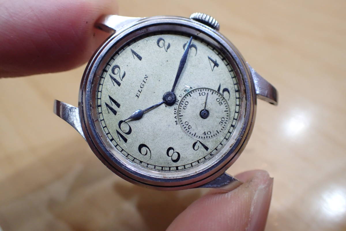 レア ◆エルジン/ELGIN ◆ミリタリー/ブルースチール針 ミリタリー ◆スモセコ/アラビア数字 メンズ手巻き腕時計