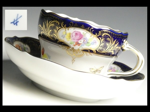 n630 Meissen マイセン 高級シリーズ コバルト 金彩 フラワーブーケと蝶 ⑦ カップ＆ソーサー