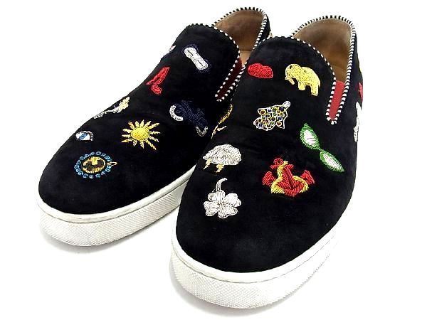 1円 ■美品■ Christian Louboutin ルブタン スエード 総柄 スリッポン サイズ 42 1/2 (約27.5cm) 靴 シューズ ブラック系 AL0932