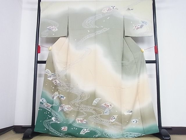 着物屋こころ■訪問着　単衣　流水扇面花蝶文　暈し染め　金彩　着丈164.5cm　裄丈69cm　正絹　逸品　B-np4845