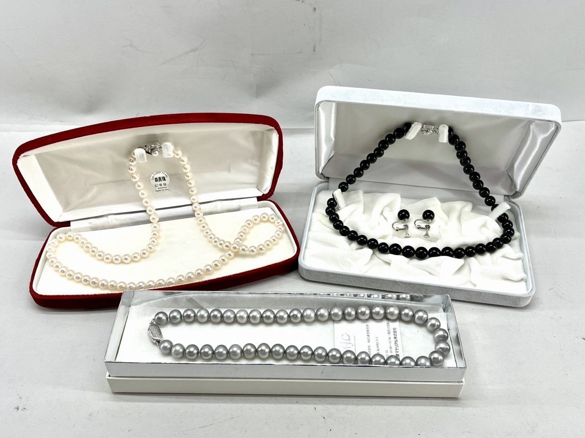 パールネックレス 3点まとめて /アコヤ真珠 ロングネックレス /黒真珠 オニキスイヤリング付き /シルバー系[03-1804