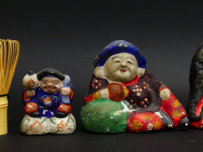 q319 時代物 中野 土人形 土雛 郷土玩具 寿老人 鶏 大黒様 高さ約8
