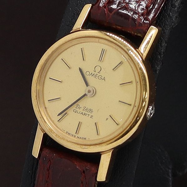 1円 稼働 オメガ QZ デビル プッシュ式リューズ ゴールド文字盤 レディース腕時計 7910100HSY
